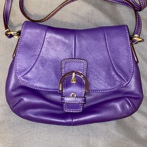 COACH Purple Buckle Crossbody Bag with silver hardware and purple leather strap